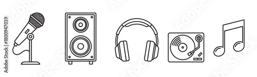 A collection of music and audio icons featuring a microphone, speaker, headphones, turntable, and musical note, illustrated in a clean black outline style and isolated on a white background