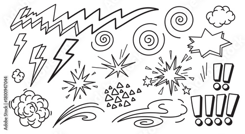 A collection of hand-drawn comic book style doodle elements, including lightning bolts, explosions, swirls, and exclamation marks, isolated on a white background for creative design