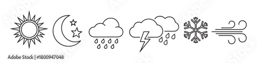 A set of weather forecast icons including sun, moon, rain, thunderstorm, snow, and wind, depicted in a simple black and white line art style on an isolated background