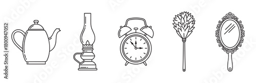 A set of vintage household items including a teapot, oil lamp, alarm clock, feather duster, and hand mirror, illustrated in a clean black and white line art style