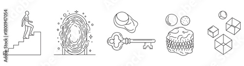 A set of five minimalist black and white line art icons depicting surreal and abstract concepts like a journey, a magic portal, a key, a monster, and geometric shapes