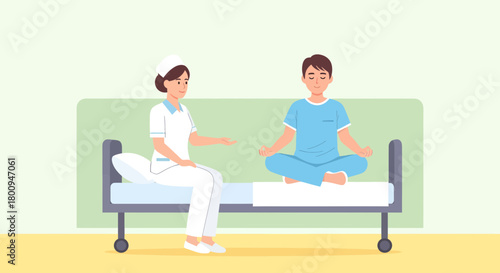 Patient Meditating in Bed While Medical Professional Observes With Serene Expression