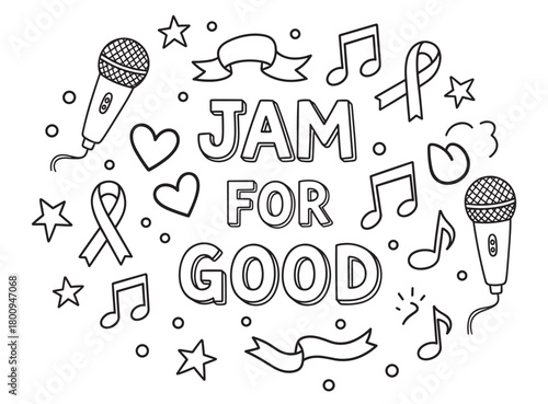 Hand-drawn black and white doodle illustration for a charity music event with 'Jam for Good' lettering, microphones, awareness ribbons, hearts, and musical notes on a white background