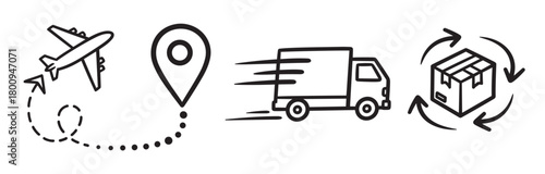 Hand-drawn sketch icons for e-commerce and logistics, showing air freight, location tracking, fast truck delivery, and package returns, presented in a simple black and white style