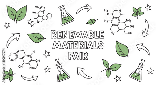 A hand-drawn illustration for a renewable materials fair, featuring doodles of leaves, chemical formulas, and lab flasks to represent green chemistry and sustainable science