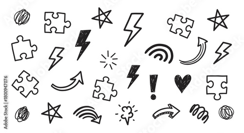A collection of hand-drawn black doodle elements including puzzle pieces, stars, lightning bolts, and arrows isolated on a light beige background for creative concepts