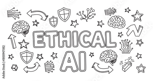Hand-drawn doodle illustration about Ethical AI, featuring text surrounded by icons of brains, shields, and circuits representing technology, security, and morality