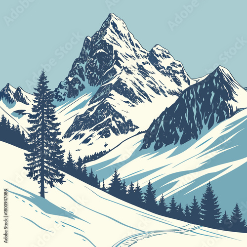 Snowy mountain landscape with a tall pine tree on a sunny winter day