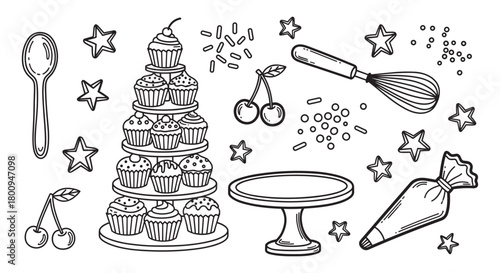 A charming collection of hand-drawn baking and confectionery elements, including a cupcake tower, whisk, piping bag, and sprinkles, in a minimalist black line art style