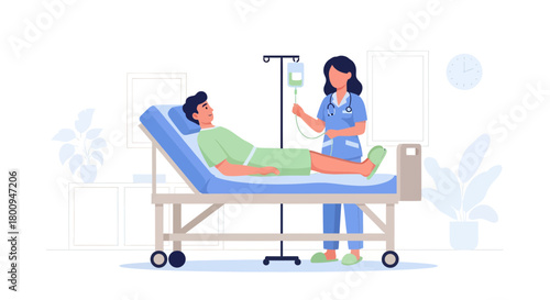 Patient Receiving Intravenous Infusion in Hospital Room Under The Nurse Care