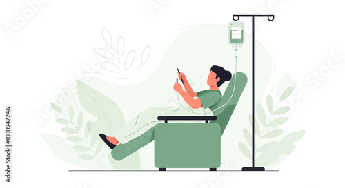 Patient Receiving IV Therapy, Resting while Using a Tablet, Medical Healthcare Concept Illustration