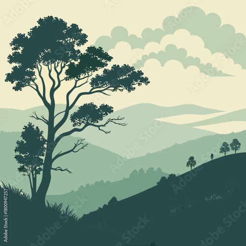 Green hills landscape with trees and clouds, vector illustration isolated on