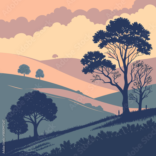 Rolling hills landscape with trees at sunset, vector illustration isolated on