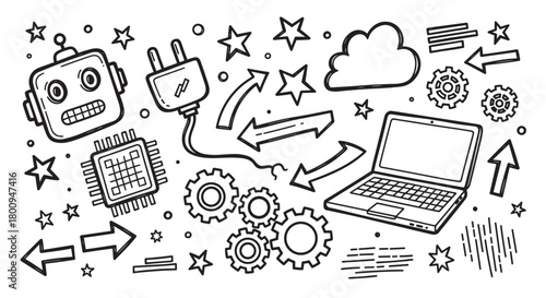 Hand-drawn doodle set of technology icons including a robot, laptop, cloud, and gears, representing innovation, artificial intelligence, and computing concepts on a beige background