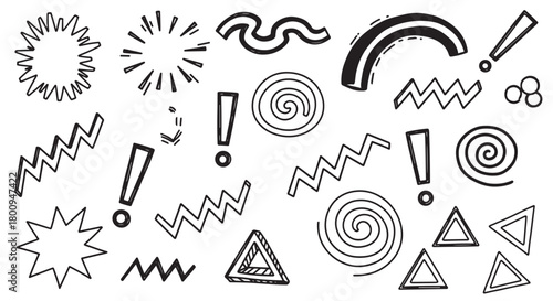 A collection of hand-drawn black doodle elements like zigzags, spirals, and exclamation marks on a beige background, creating a playful and retro abstract pattern