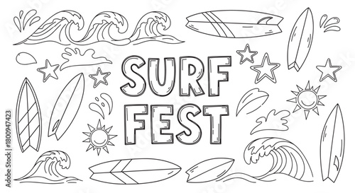 A collection of hand-drawn surfing festival doodles, including various surfboards, ocean waves, suns, and stars, isolated on a white background in a black and white line art style