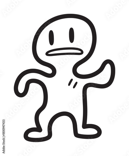 Minimalist black and white doodle of a confused or anxious little person, a simple hand-drawn character gesturing with one hand against an isolated white background