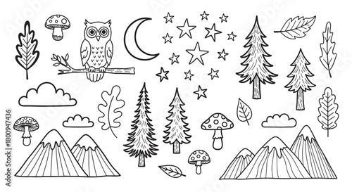 A whimsical set of hand-drawn nature icons in a simple line art style, featuring a forest owl, mountains, trees, mushrooms, leaves, moon, and stars on a light background