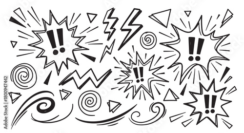 Expressive black ink sketch illustration with a variety of hand-drawn comic elements like exclamation marks, lightning bolts, and swirls, creating a dynamic and energetic pattern