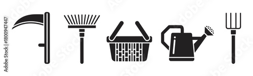 Set of simple black glyph icons for gardening and agriculture, featuring a scythe, leaf rake, shopping basket, watering can, and garden fork on a plain white backdrop