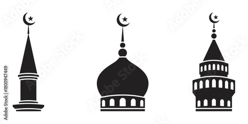 A set of three black silhouette icons representing Islamic architecture, including minarets and a mosque dome topped with a crescent moon and star, isolated on a white background