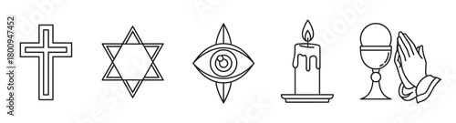 A diverse set of religious and spiritual symbols including a cross, star, all-seeing eye, candle, and praying hands with a chalice, rendered in a clean black line art icon style