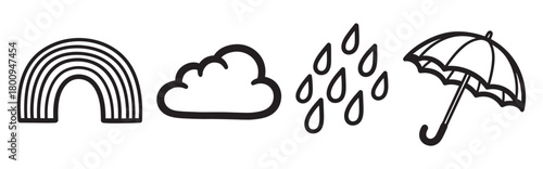 A set of hand-drawn weather icons including a rainbow, cloud, raindrops, and an umbrella, isolated on a white background in a minimalist black and white line art style