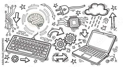 Creative doodle collage representing technology and innovation, featuring a brain, laptop, keyboard, microchip, and other hand-drawn symbols in a sketch style