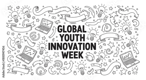 Creative black and white doodle illustration for a global youth innovation concept, featuring hand-drawn icons of ideas, technology, and progress on a white background