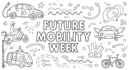 A black and white doodle illustration for a future mobility event, featuring an electric car, scooter, autonomous bus, flying vehicle, and bicycle on a white background