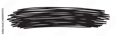 A hand-drawn black scribble with messy horizontal marker strokes creating an abstract graphic design element or texture isolated on a clean white background