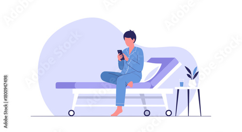 Patient Using A Mobile Device During Recovery Rest Period In Hospital Room