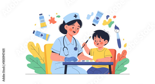 Pediatric Nurse And Child Engaged In Creative Artistic Session Together