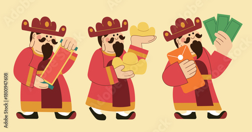 A complete set of three cute cartoon-style Chinese gods of wealth, each holding different prosperity symbols including a red scroll, gold ingots, a lucky pouch, and money bills. Perfect for Lunar New 