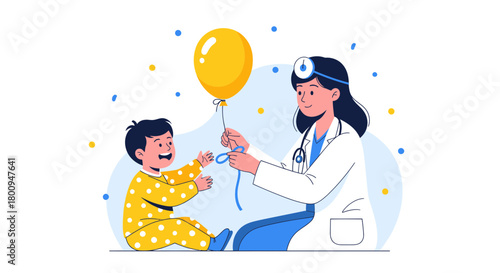 Pediatrician Giving a Child a Balloon: Promoting Joy, Trust, and Healthcare, Vector Illustration
