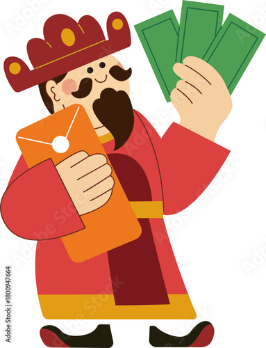 Cute cartoon-style god of wealth holding an orange lucky pouch and green money bills, representing wealth, blessings, and festive fortune.