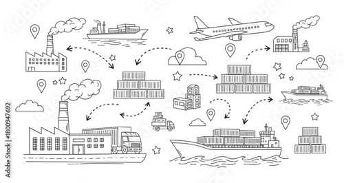 Hand-drawn doodle illustration of a global supply chain network showing the logistics process from factory to consumer with truck, ship, and airplane transportation