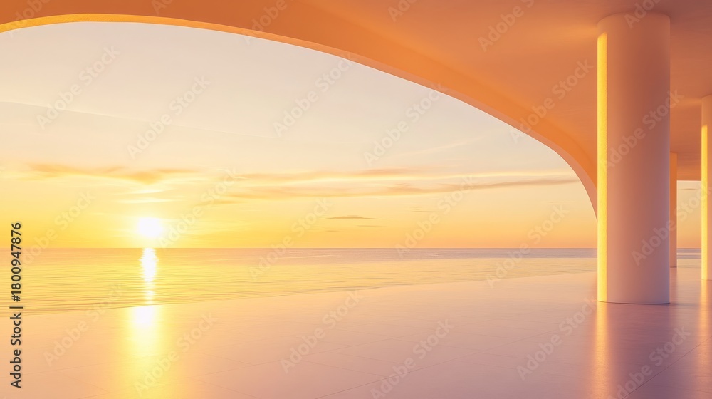 Fototapeta premium 87.A beautiful sunrise at Destin, Florida, with soft yellow light spilling over the horizon. The sky is tinged with pale golden and amber hues, while the early morning light casts a peaceful glow