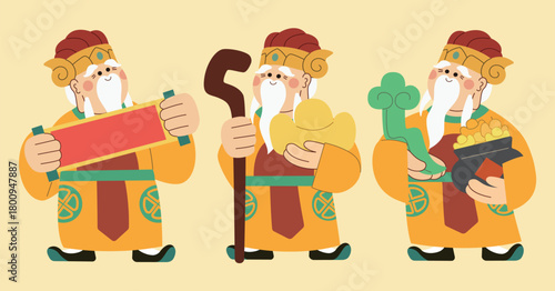 A set of cute cartoon-style Chinese god of wealth characters holding traditional prosperity items, including scrolls, gold ingots, and lucky treasures, designed in warm festive colors for Chinese New 
