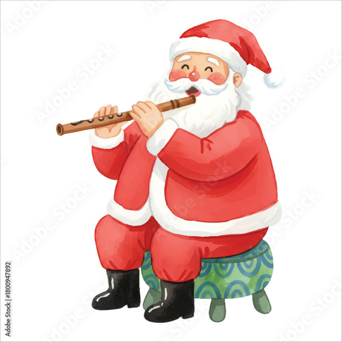 Watercolor Santa Claus Musician Playing Flute Vector Illustration, Isolated on White Background
