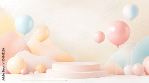 11.A beautifully designed 3D scene featuring a minimalistic podium stage with pastel-colored geometric balloons hovering around it. The soft pastel background fades into abstract forms, providing a