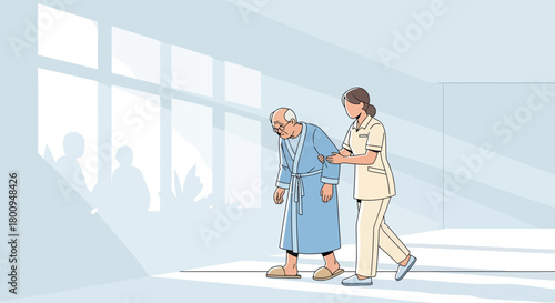 Supporting Mobility: A Healthcare Worker Aids an Elderly Patient Indoors To Assist Walking