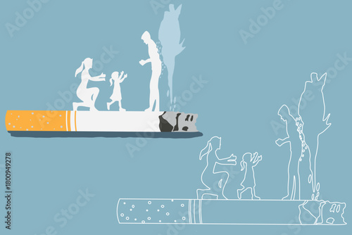 Family life silhouette on cigarette with fading outline effect