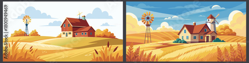 Cartoon farm landscape vector art background with barn windmill and wheat field illustration
