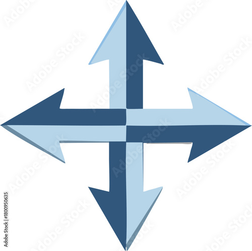 Vector graphic of intersecting blue arrows pointing in four cardinal directions, representing crossroads, decisions, and versatility