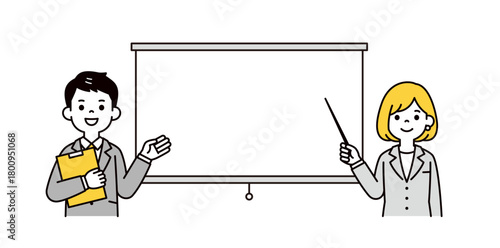 スクリーンと、ポインターを持つスーツを着た若い男性と女性の上半身ベクターイラスト素材
