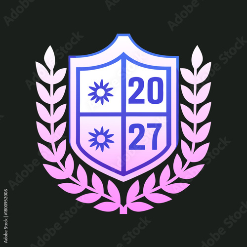 Blue and pink shield with laurel wreath and numbers 2027