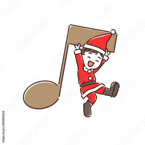 音符にぶら下がっているサンタクロース姿の男の子