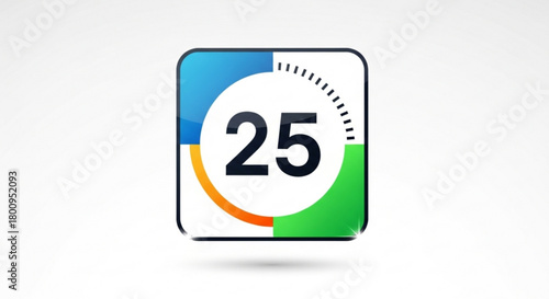 The number 25 in a square frame with a dotted circle isolated on, symbolizing time, countdown, or a specific quantity in a modern design