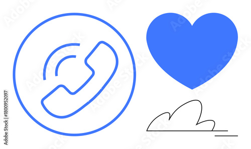 Phone receiver in a circle, blue heart, abstract cloud line. Ideal for communication, connectivity, customer service, relationship, support teamwork digital networks. Simple flat metaphor